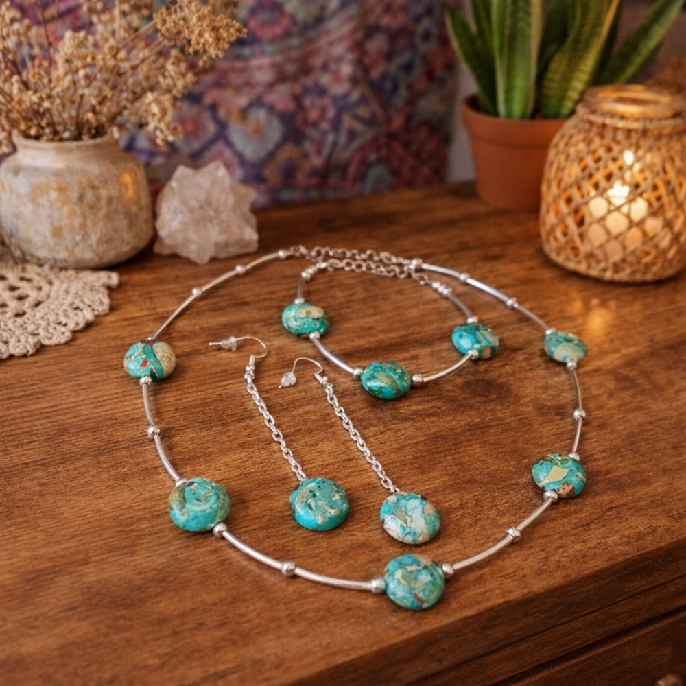 Boho Chic Turquoise Colored Sea Jasper Necklace Jewelry Set - New Items